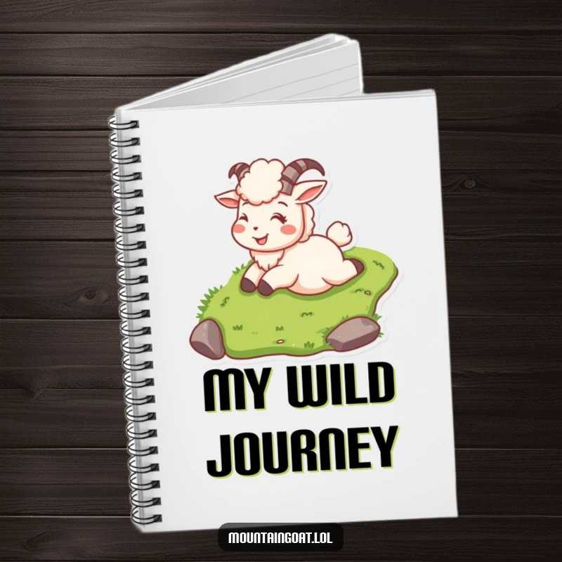 Funny mountain goat on notebook cover, sliding down a grassy slope smiling, inspiring adventure.