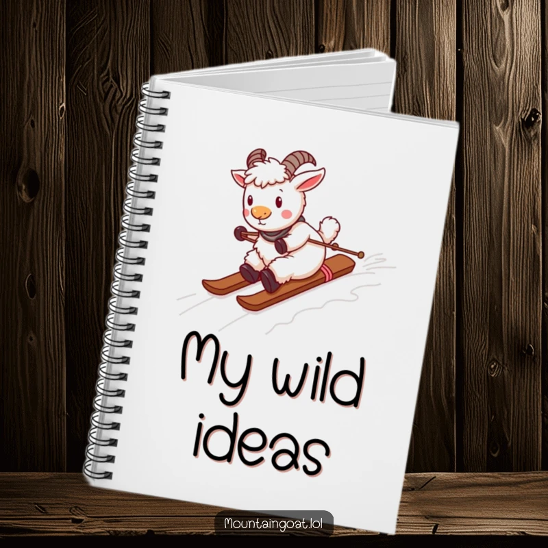 Funny playful mountain goat sliding down a yarn ski slope, on the cover of a notebook for writing and notes.
