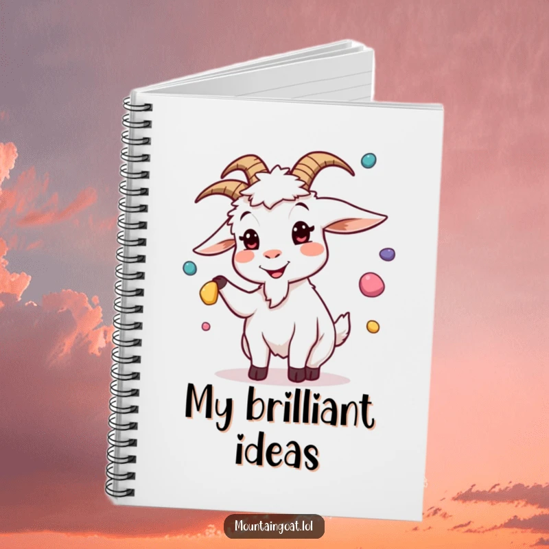 Funny notebook cover featuring a goat juggling colorful pebbles with a silly expression, providing ample writing space and a humorous design.