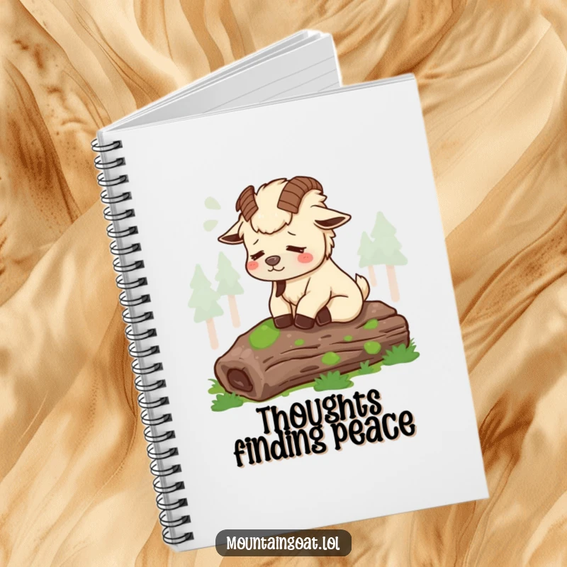 Funny tired mountain goat sighing contentedly on a mossy log, shown on a notebook cover for peaceful note-taking.