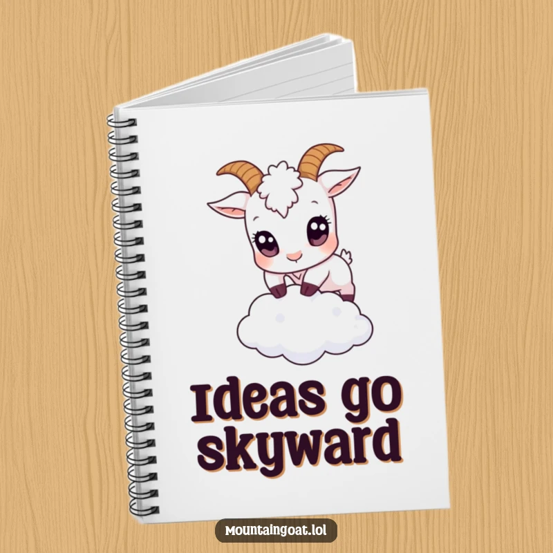 Funny small goat with large eyes jumping over a tiny cloud on a notebook cover, ideal for journaling whimsical thoughts and sketching.',