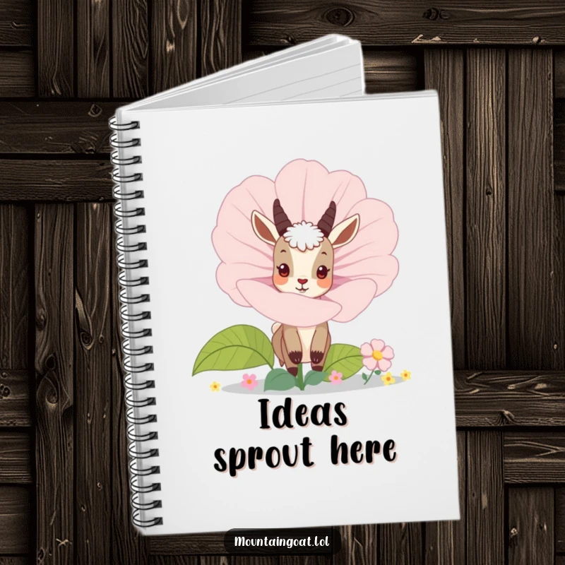 Funny mountain goat peeking from behind a giant blooming flower, on the cover of a notebook for writing and drawing.