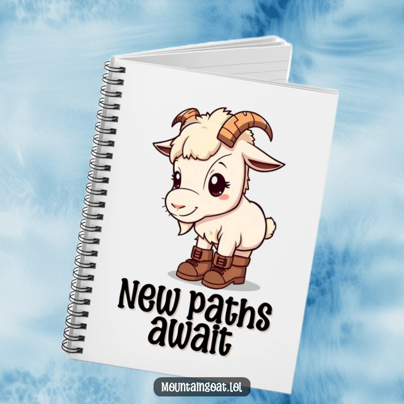 Kawaii mountain goat on notebook cover, wearing tiny hiking boots, looking curious, inspiring exploration.