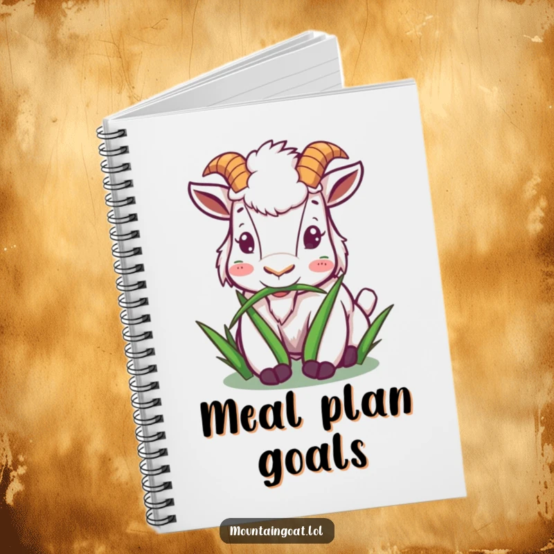 Funny mountain goat notebook with a character happily munching on grass, encouraging journaling and note-taking with peaceful charm.