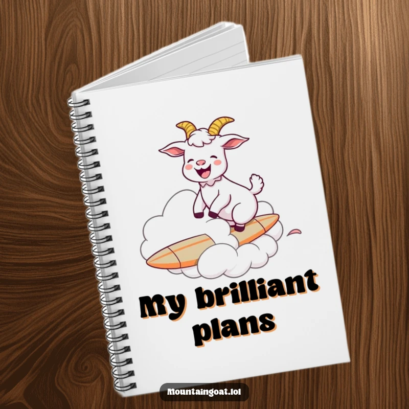 A funny goat humorously riding a cloud like a surfboard, featured on the cover of a notebook for creative journaling.