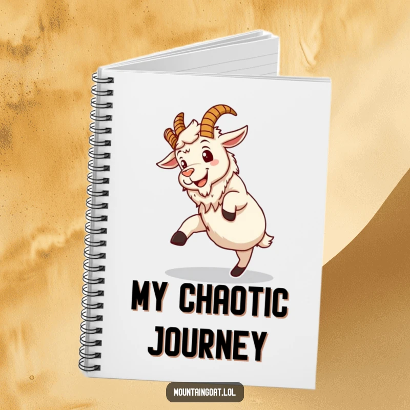 Funny mountain goat notebook with a silly grinning character attempting a clumsy somersault, perfect for notes and adventure planning.