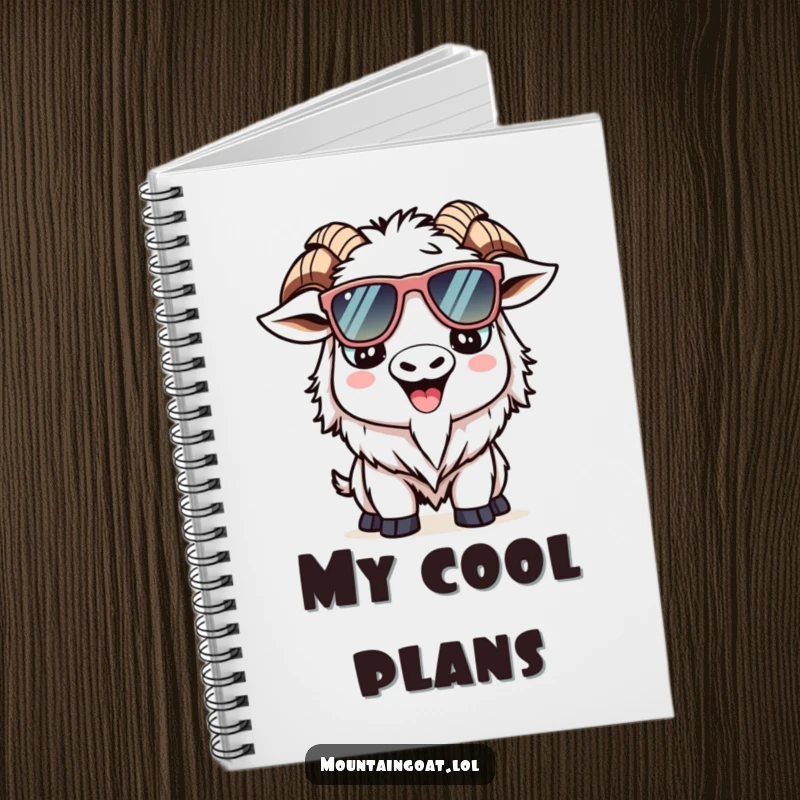 Funny Kawaii mountain goat notebook featuring a smiling goat with oversized sunglasses, perfect for note-taking.