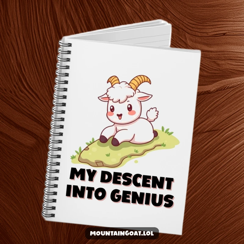 Funny kawaii mountain goat sliding down a grassy slope, perfect for jotting down fun adventures in this notebook.