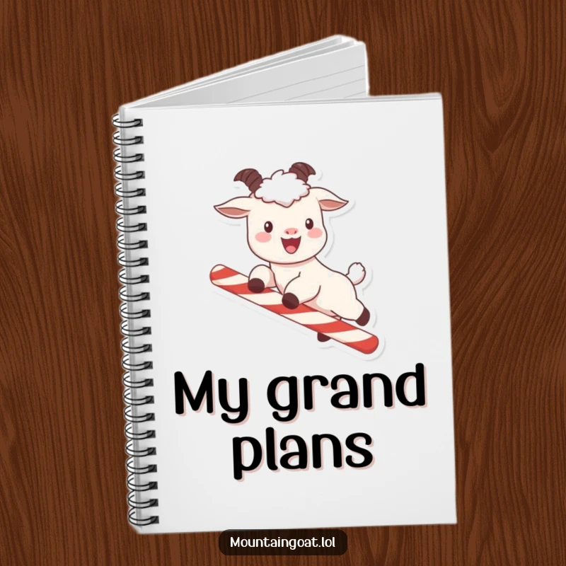 Funny kawaii mountain goat with rosy cheeks leaping over a candy cane, on the cover of a humorous and functional notebook.
