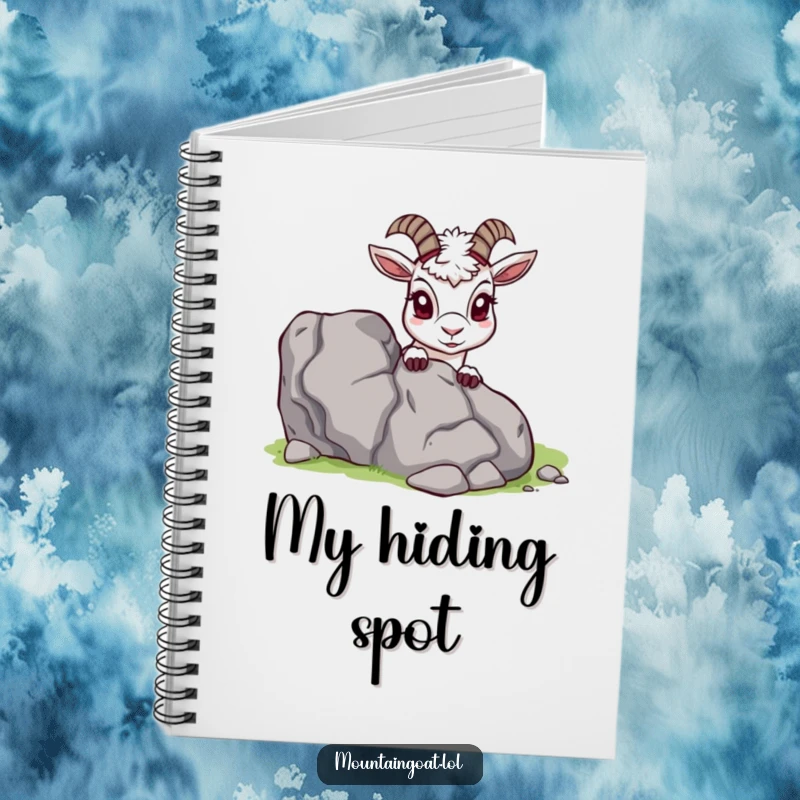Funny Mountain Goat Notebook, peeking from behind a rock, blank pages for notes, showcasing curiosity, ideal funny gift.