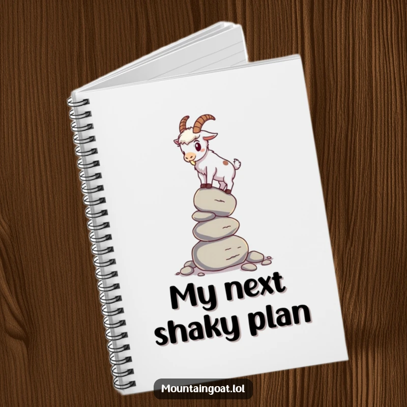 Funny mountain goat notebook with a goat trying to balance on a stack of pebbles, perfect for jotting down humorous thoughts or daily tasks.