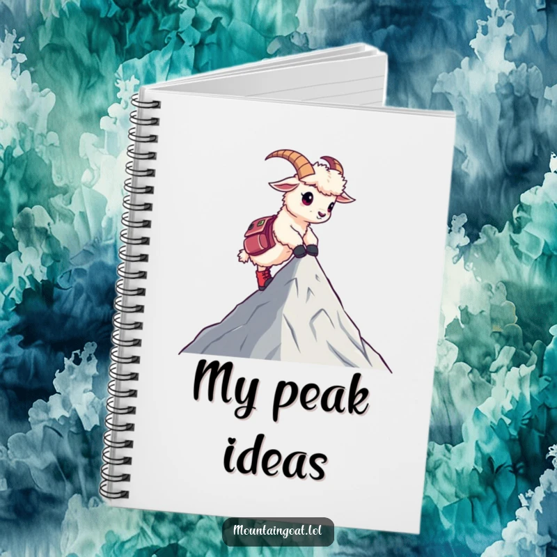 Funny notebook with a kawaii mountain goat in hiking boots reaching a peak, a humorous design for planning adventures.