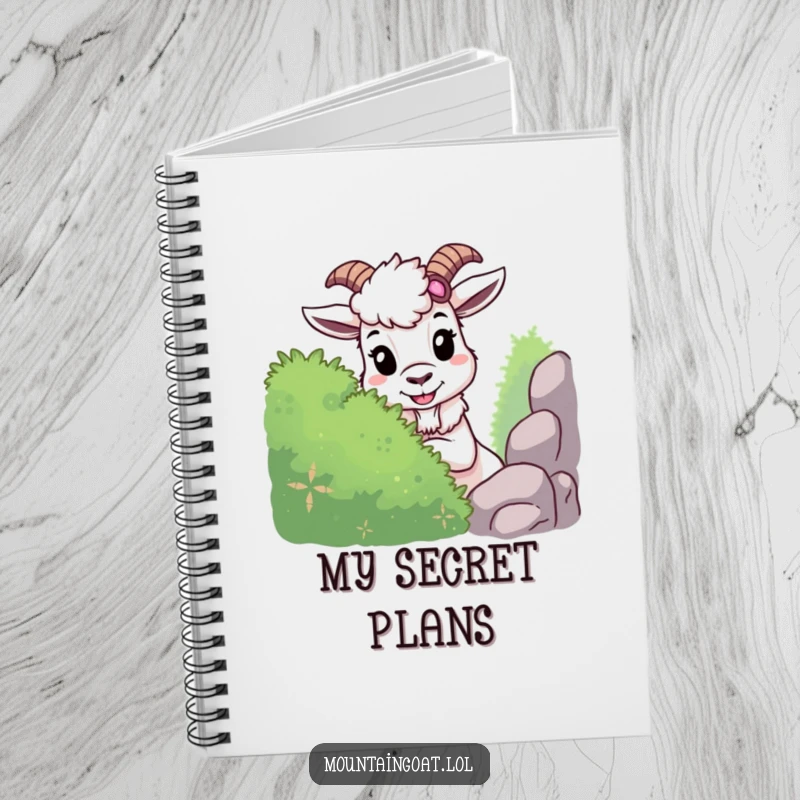 Funny mountain goat notebook with a mischievous goat playing hide-and-seek behind a bush, perfect for jotting down humorous thoughts or secrets.
