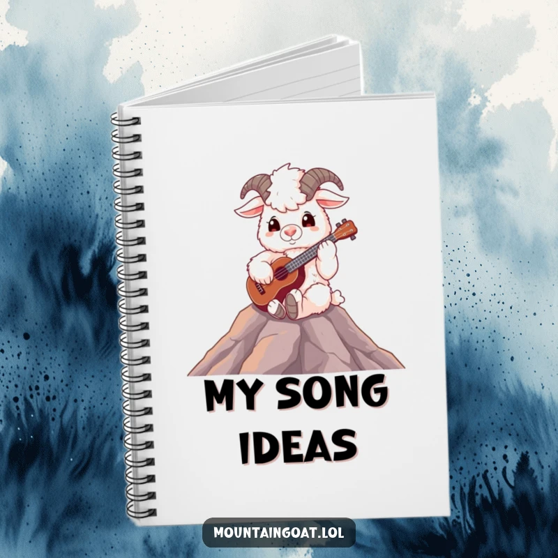 Funny fluffy mountain goat playing a ukulele on a peak, ideal for jotting down song lyrics and ideas.
