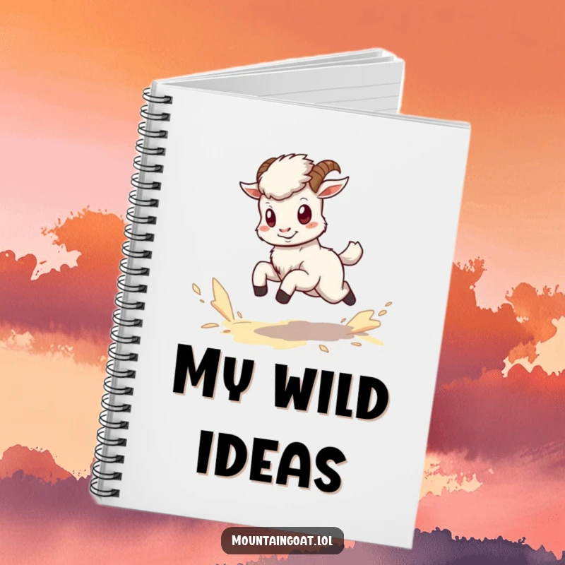 Funny kawaii mountain goat notebook with a tiny, energetic goat kicking up dust while running.