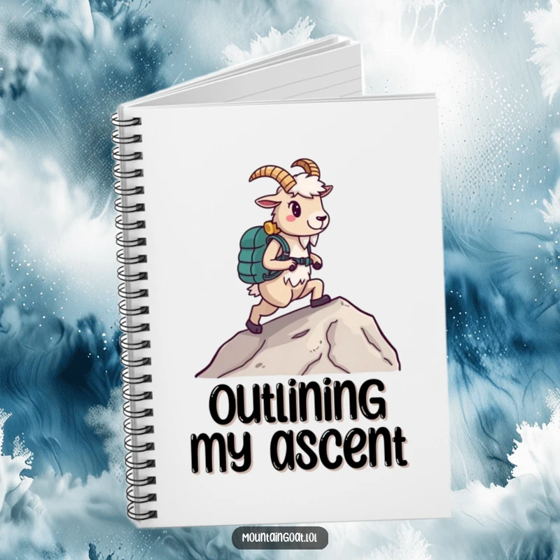 Funny Hiking Goat Notebook, wearing boots and walking uphill, pages for notes, symbolizing determination, ideal funny gift.