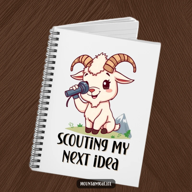 Funny mountain goat notebook cover shows a cheerful goat character using a spyglass to view distant peaks, ready for adventure notes.