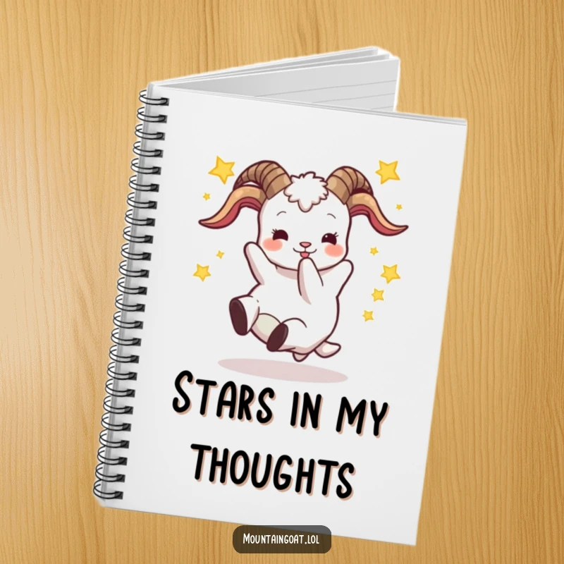Funny notebook cover featuring a goat's backward tumble amidst stars, offering ample space for writing and a touch of humor.