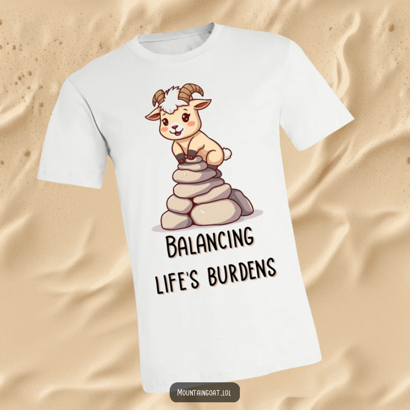 Funny kawaii mountain goat concentratrating intensely while balancing a stack of small rocks, printed on a t-shirt.