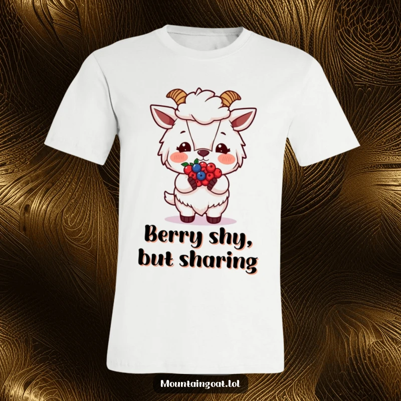 Funny Blushing Goat Berries T-Shirt, featuring a shy goat with red cheeks presenting a bundle of berries, offering delightful cuteness.