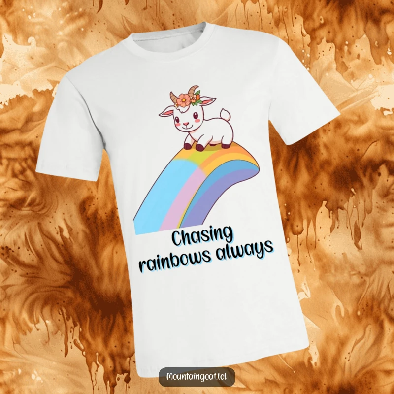 Funny goat with a flower crown joyfully sliding down a rainbow slope on a t-shirt, showcasing pure happiness and vibrant fun.',