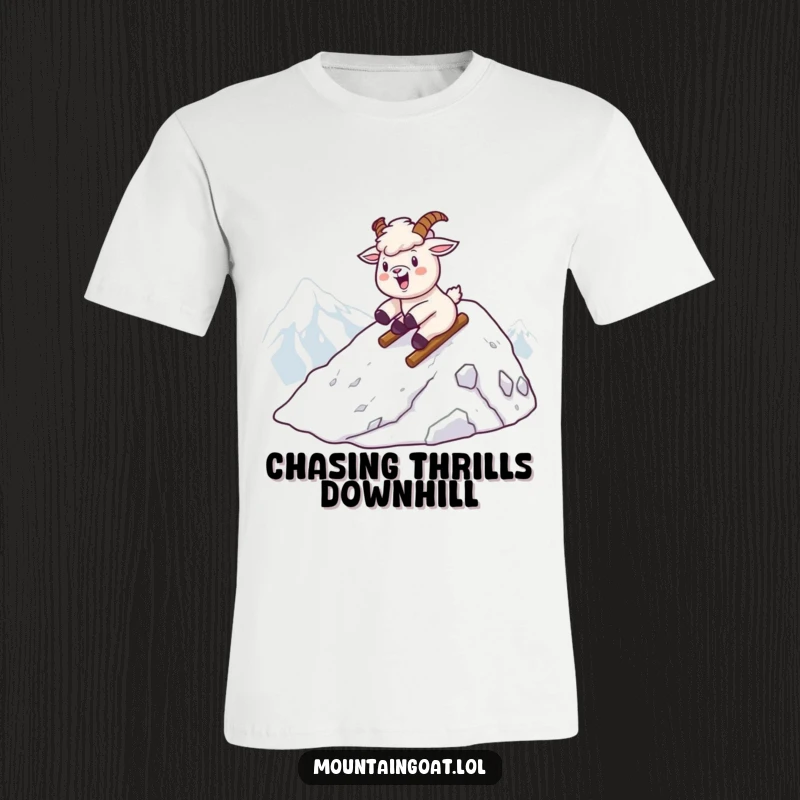 Funny kawaii mountain goat gleefully sliding down a snowy mountain peak, printed on a casual t-shirt.