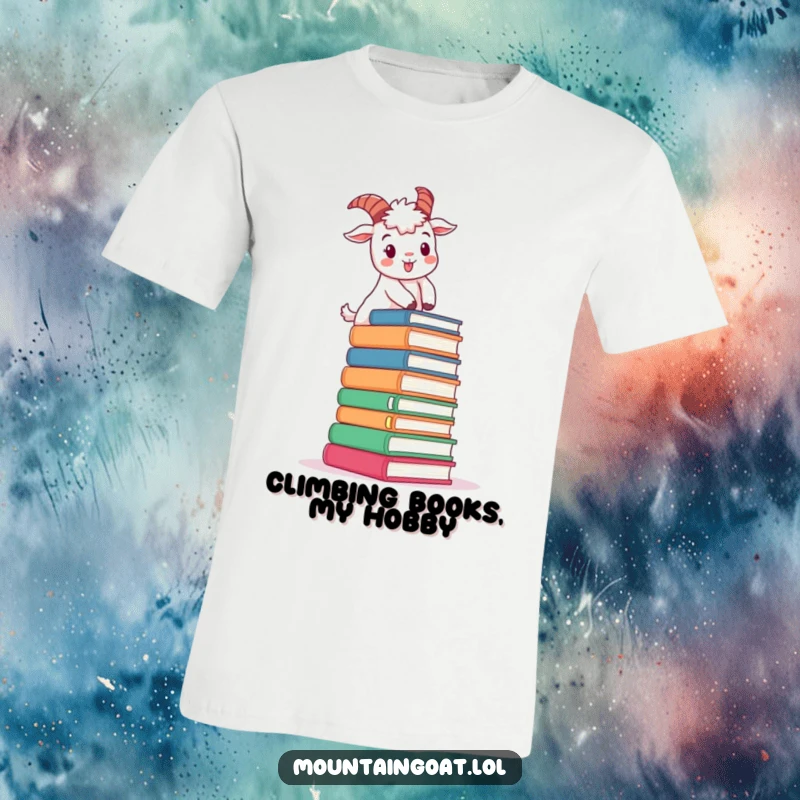 Funny determined mountain goat character t-shirt, cheerfully climbing a large stack of oversized books, representing intellectual pursuit.