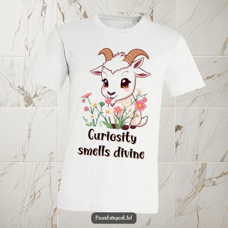 Funny Curious Goat T-Shirt: A wide-eyed goat is captivated by the sweet aroma of a mountain flower bouquet.