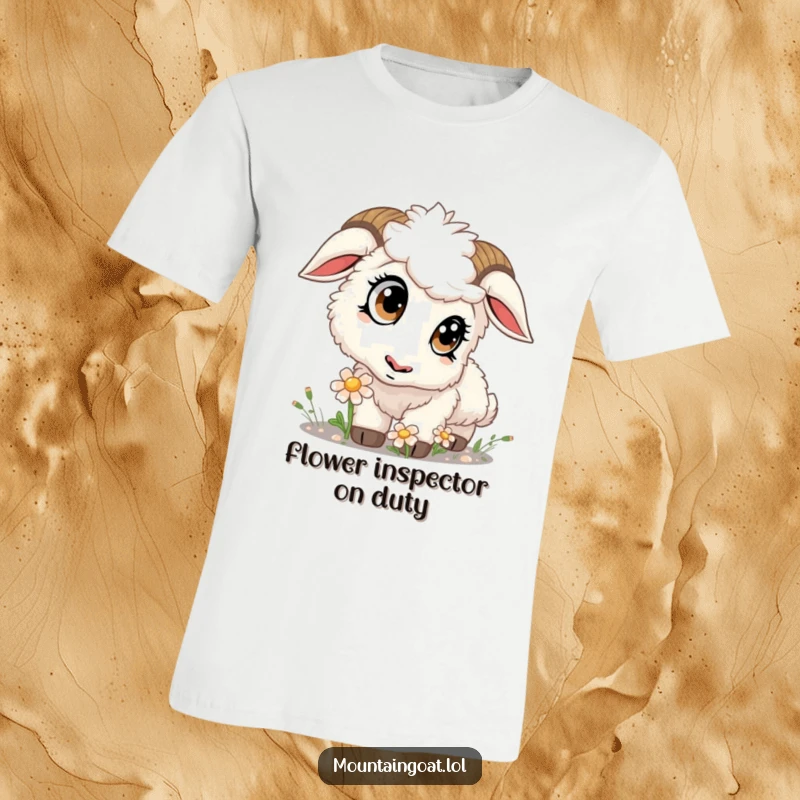Funny kawaii mountain goat with big, curious eyes sniffing a colorful flower, perfect for a nature-themed t-shirt.