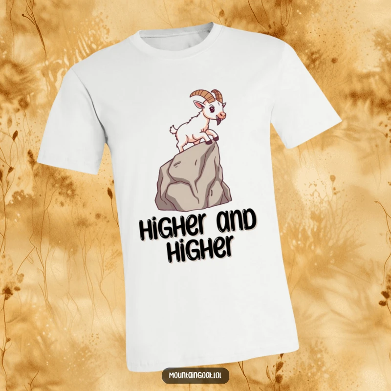 Funny brave mountain goat determinedly scaling a small cliff face, showcased on a motivational t-shirt for adventurers.
