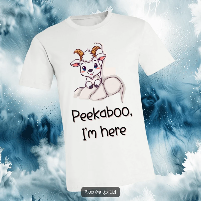 Funny t-shirt featuring a mountain goat character peeking playfully from behind a large rock, showcasing curiosity and a love for the outdoors.