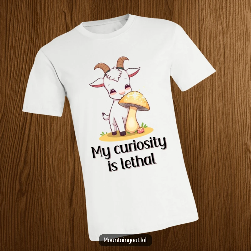 Funny goat curiously sniffing a sparkling, oversized mushroom on a t-shirt, illustrating a moment of wonder and playful investigation.',