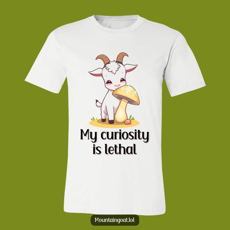 Funny Curious Goat T-Shirt: Hilarious Mushroom Sniffing Tee for Explorers