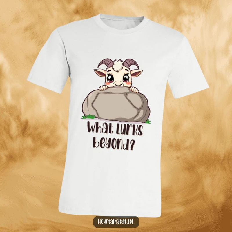 Funny curious mountain goat t-shirt, peeking over a large boulder with wide pupils, symbolizing exploration and playful curiosity.