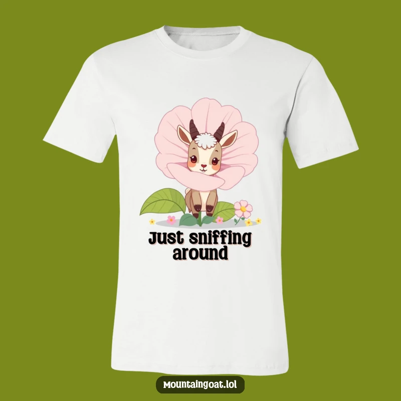 Funny Curious Mountain Goat Flower T-Shirt - Hilarious Nature Tee