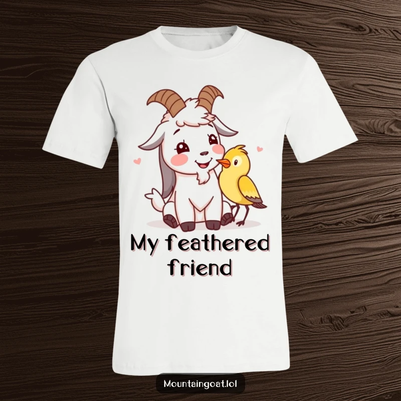 Funny mountain goat t-shirt showing a character sharing a giggle with a tiny bird, embodying nature's humor and connection.