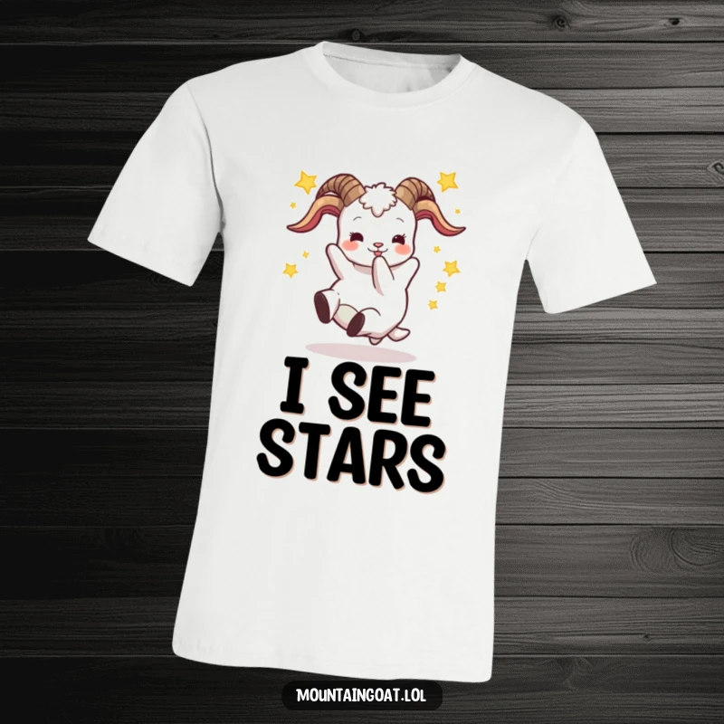 Funny t-shirt depicting a goat falling backward with stars around its head, capturing a moment of hilarious clumsiness for a great gift.