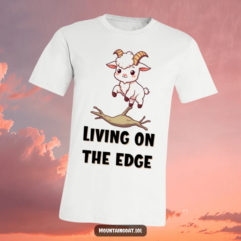 Happy kawaii mountain goat effortlessly balancing on a precarious thin branch, looking confident and cute on a t-shirt.