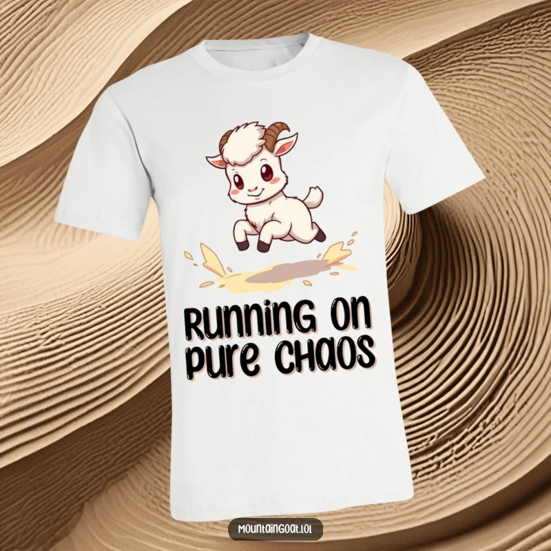 Funny kawaii mountain goat t-shirt showing an energetic goat kicking up dust while running fast.