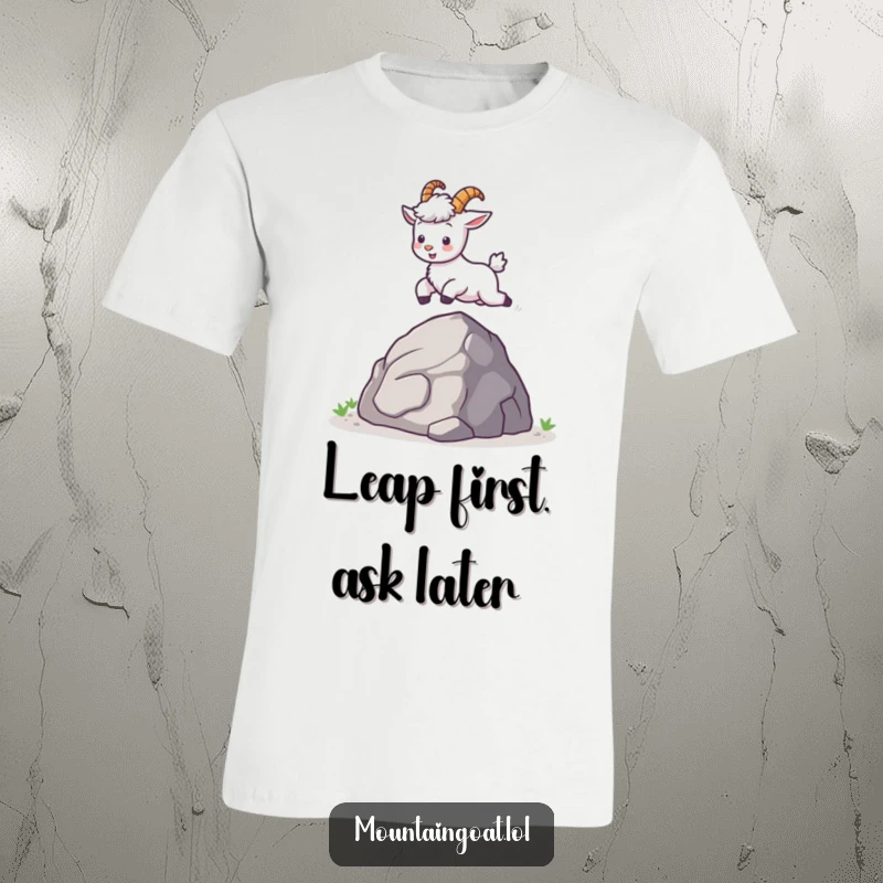 Funny kawaii mountain goat in mid-air, joyfully leaping over a small rock, showcasing its energetic and cute personality.