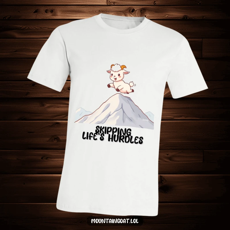 Funny kawaii mountain goat joyfully skipping across fluffy clouds at a mountaintop, embodying freedom and happiness on a t-shirt.