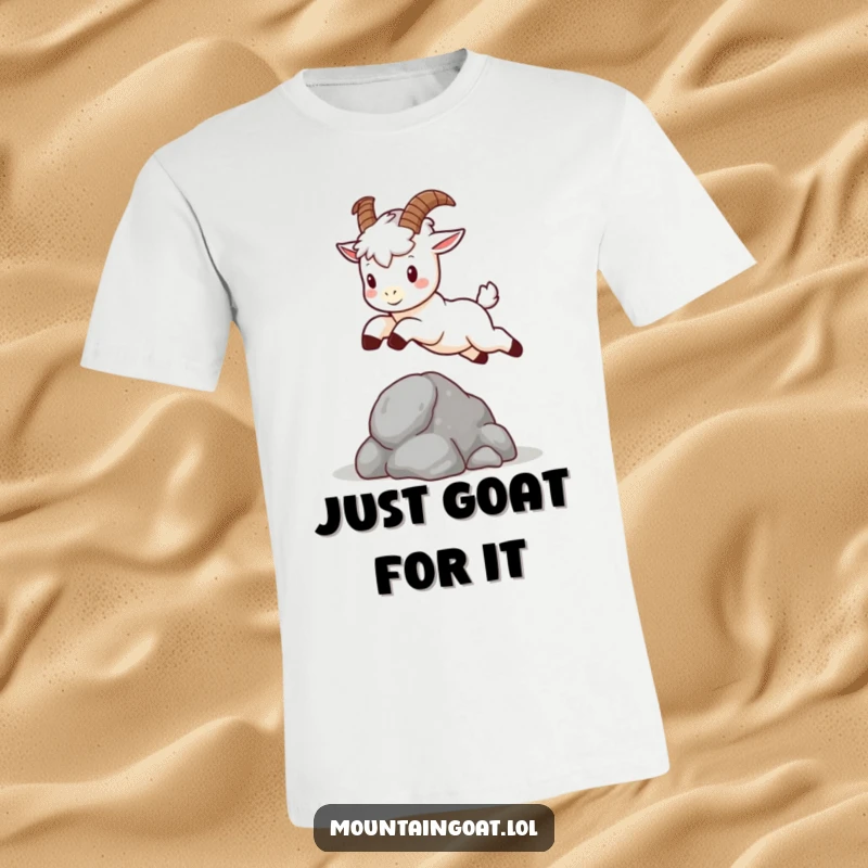 Funny kawaii mountain goat with small horns, captured mid-leap over a rock, showcasing playful energy on a t-shirt.