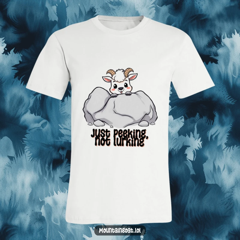 Funny kawaii mountain goat peeking playfully from behind a boulder, captured on a soft, comfortable t-shirt.