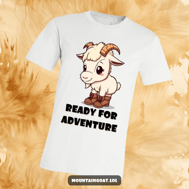 Kawaii mountain goat on a t-shirt, wearing tiny hiking boots, with an inquisitive and cute expression.
