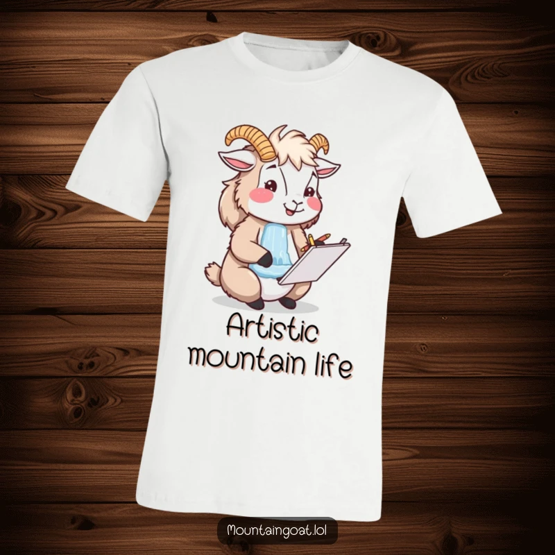 Funny happy mountain goat drawing a waterfall in a notepad, artistic and nature-inspired t-shirt for creators.