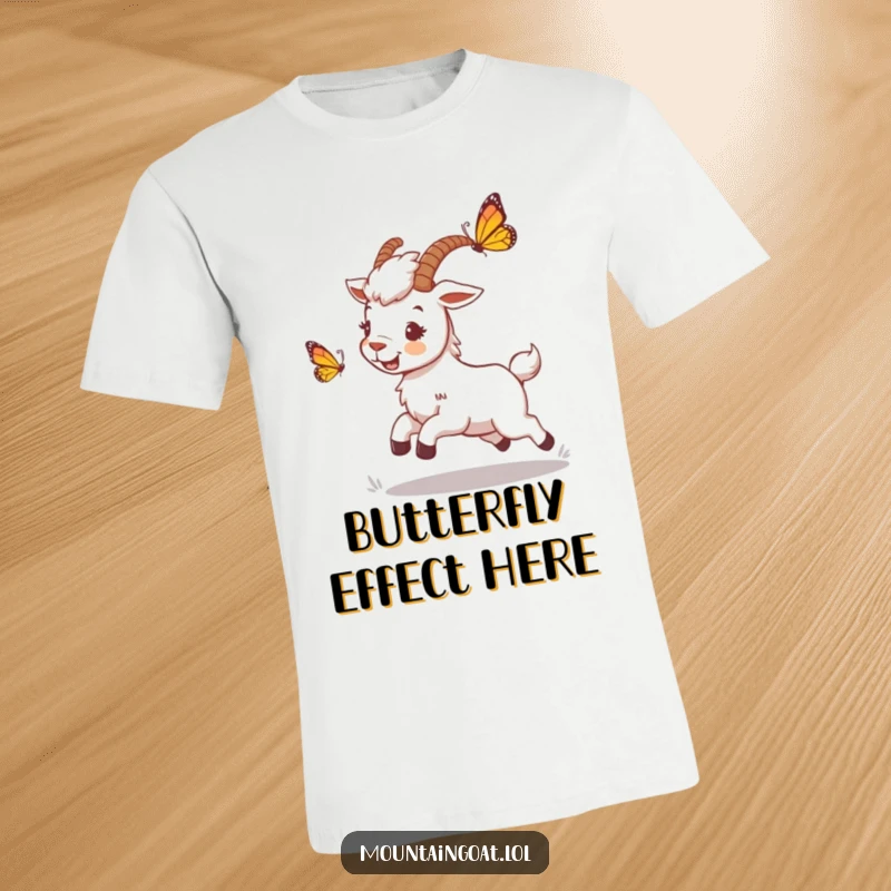 Funny mountain goat t-shirt depicting a playful character enthusiastically chasing a fluttering butterfly, perfect for outdoor enthusiasts.