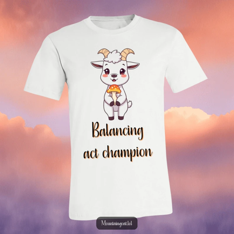 Funny mountain goat t-shirt, a gleeful goat balancing a small, colorful mushroom perfectly on its nose.