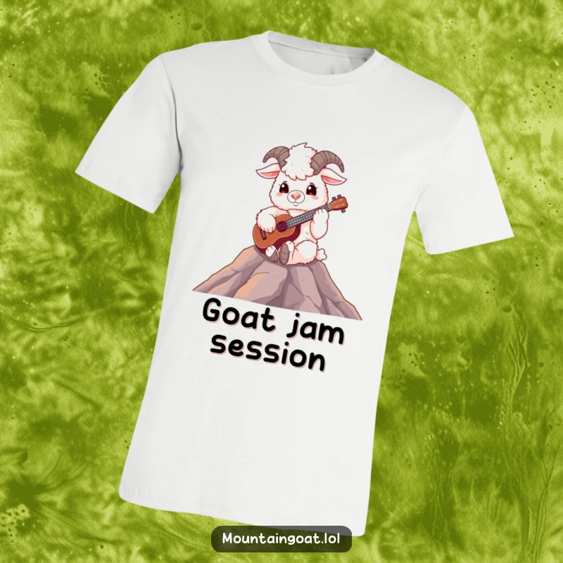 Funny fluffy mountain goat on a peak, playing a ukulele with a joyful expression, musical t-shirt.