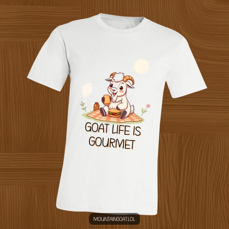 Funny mountain goat t-shirt featuring a happy goat having a picnic with a tiny sandwich, depicting a moment of pure outdoor bliss.