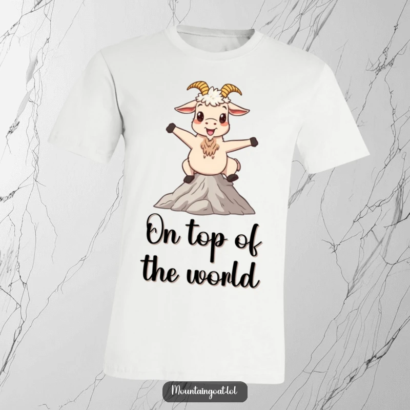Funny t-shirt featuring a happy mountain goat striking a whimsical pose on a serene mountain peak, radiating joy and peace.
